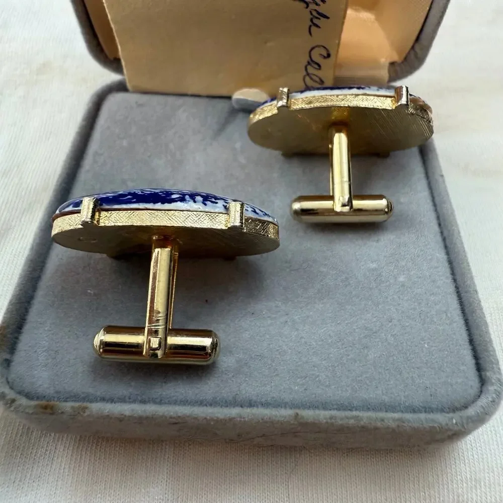 Anson Vintage Dutch Delft Blue White Windmill Cuff Links Gold Tone Back